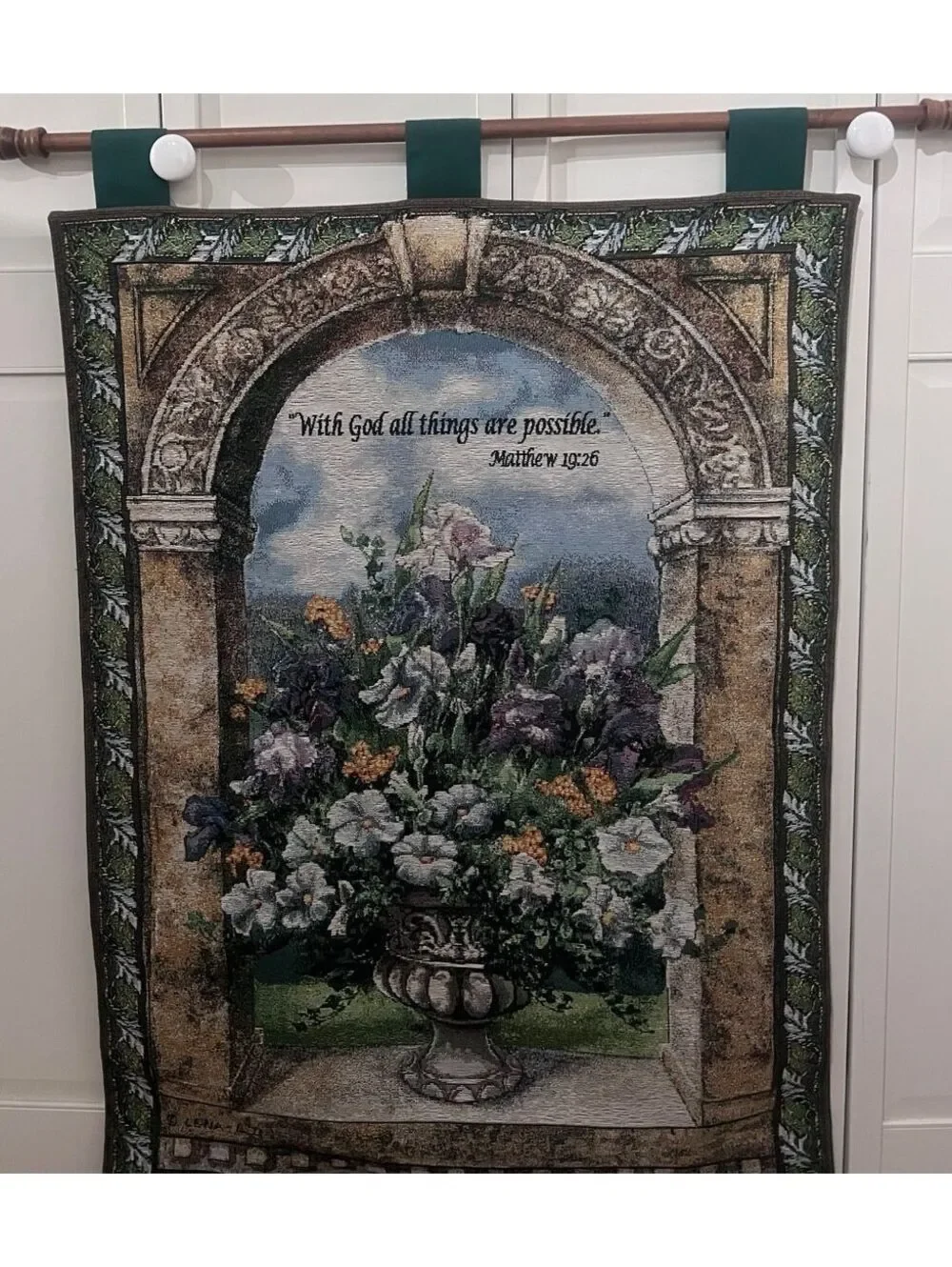 Vintage Lena Liu Floral Grandeur Woven Tapestry Wall Hanging Matthew 19:26 NOS